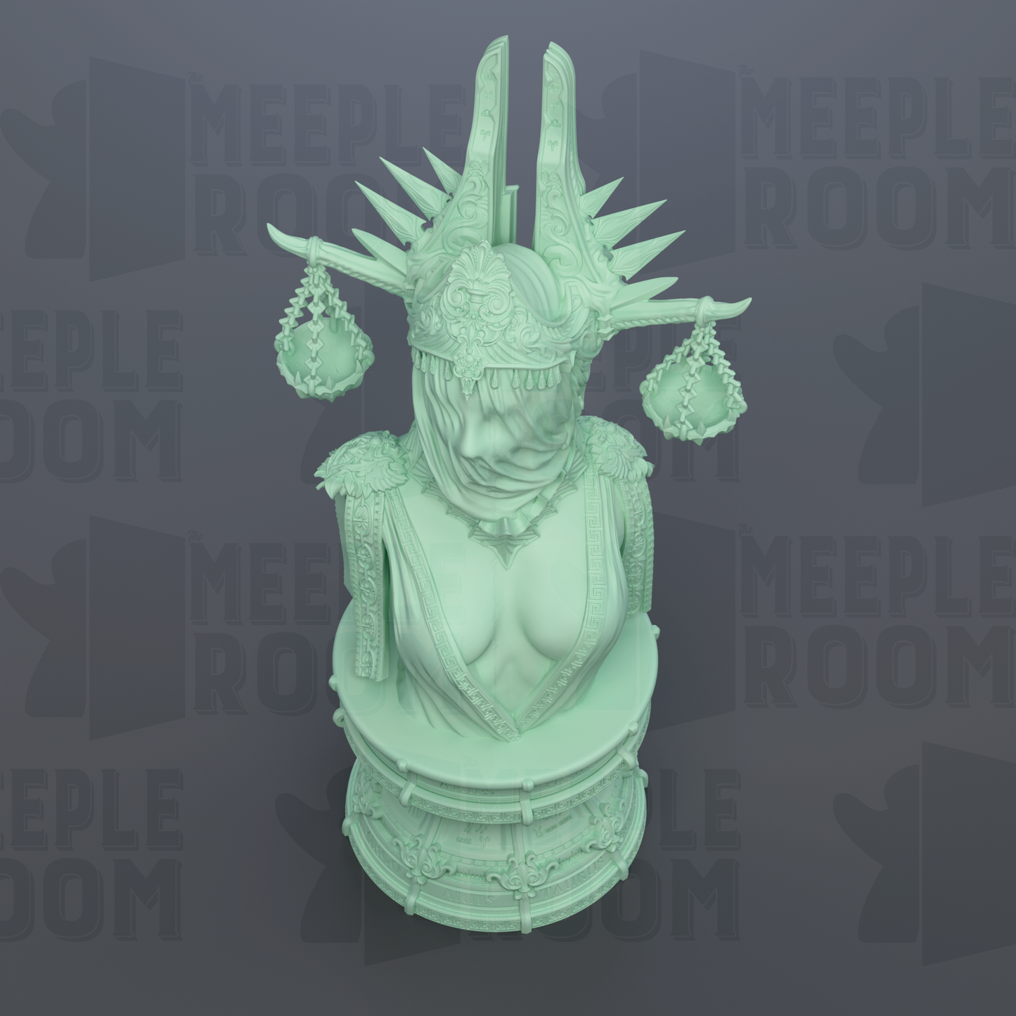 A green statue of a woman with an elaborate headdress and ornate jewelry, set against a dark background with repeated text.