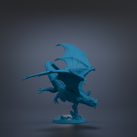 A blue dragon figurine with outstretched wings is the central focus of the image.