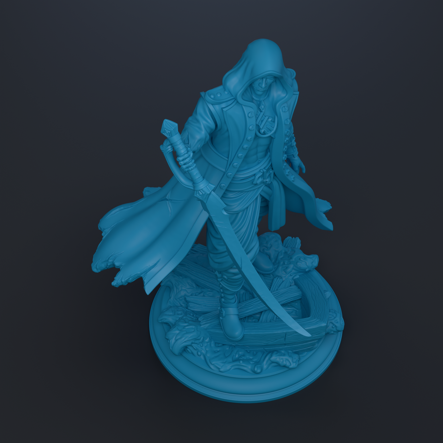 A 3D rendering of a figure holding a sword and standing on a platform.