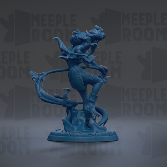 A blue figurine of a person with a fierce expression, standing on a base and appearing to be in motion.