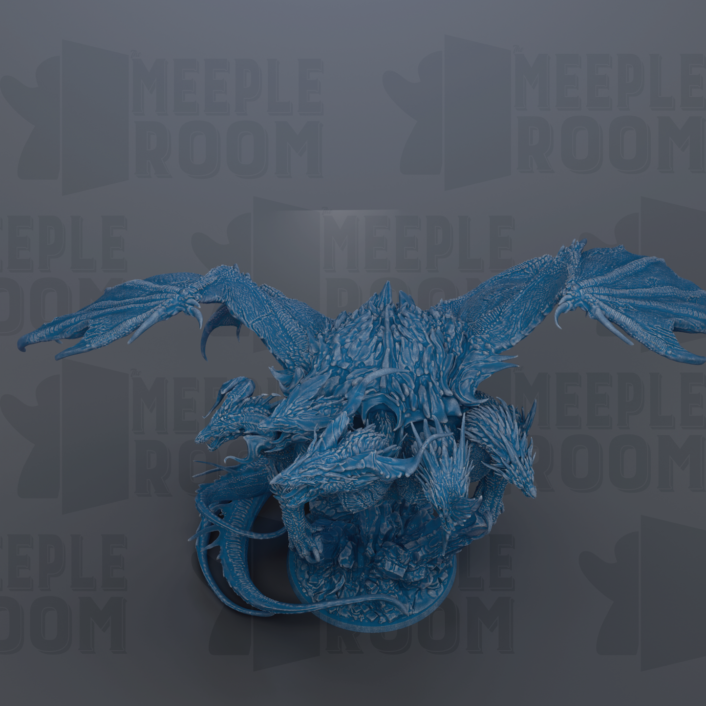 A blue dragon statue with intricate details and wings, set against a dark background with repeated text.