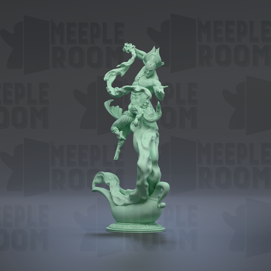 A green statue of a person in a dynamic pose, standing on a pedestal.