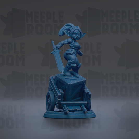 A blue figurine of a female character with a sword stands on a platform against a dark background with repeated text.