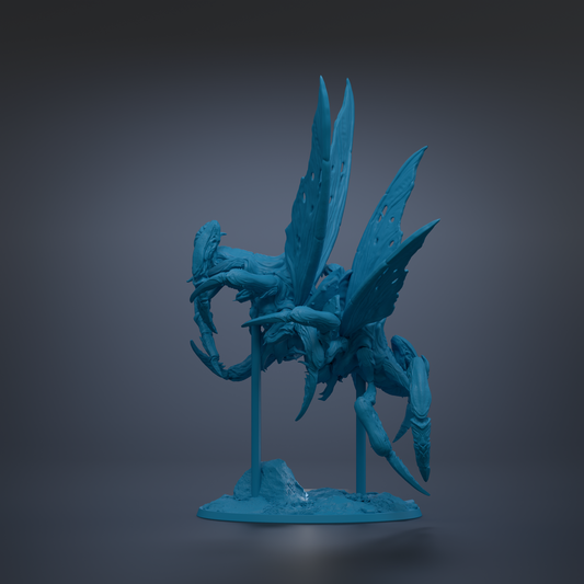A 3D rendering of a blue, winged creature with sharp teeth, standing on a small base.