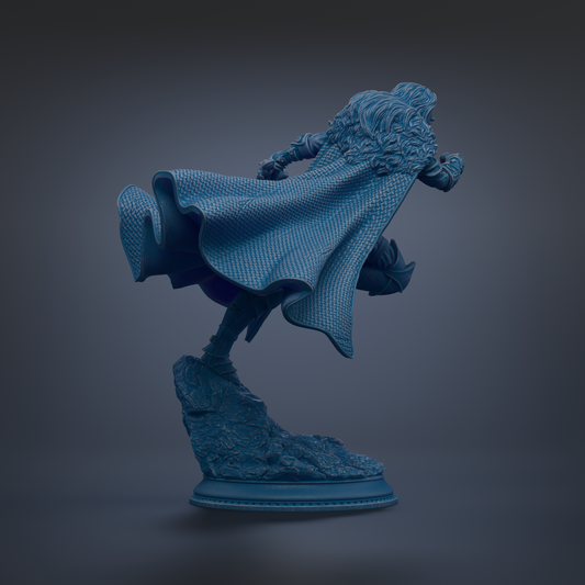 A 3D rendering of a statue of a person wearing a cape, standing on a pedestal.