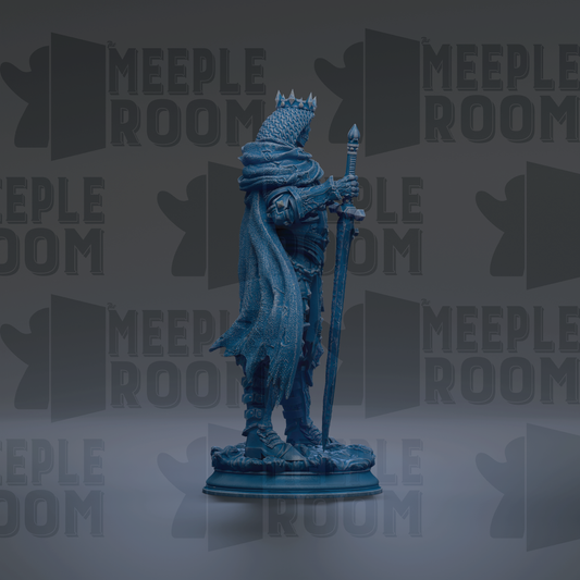A blue statue of a knight holding a sword and shield, standing on a pedestal against a dark background with repeated text.