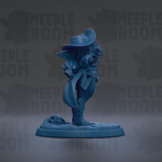 A blue figurine of a character with a hat and a gun, standing on a base.
