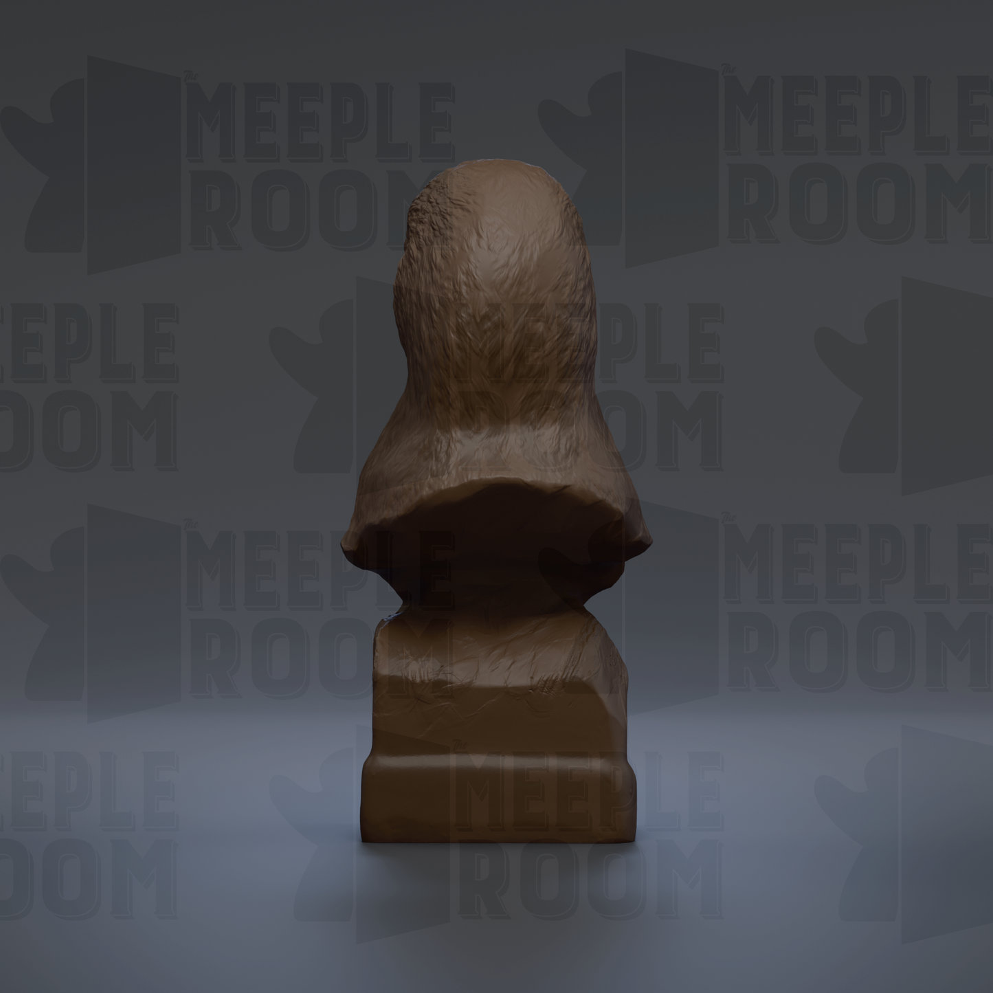 A 3D rendering of a brown statue of a person, with the text "MEEPLE ROOM" repeated in the background.