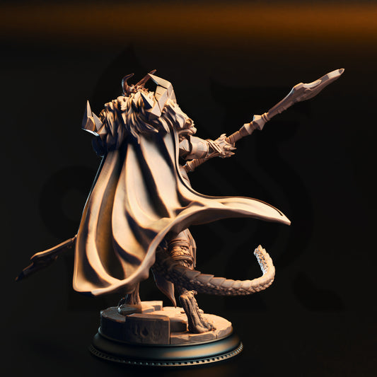 A detailed 3D model of a fantasy character, possibly a dragon or mythical creature, standing on a pedestal and holding a staff or weapon.