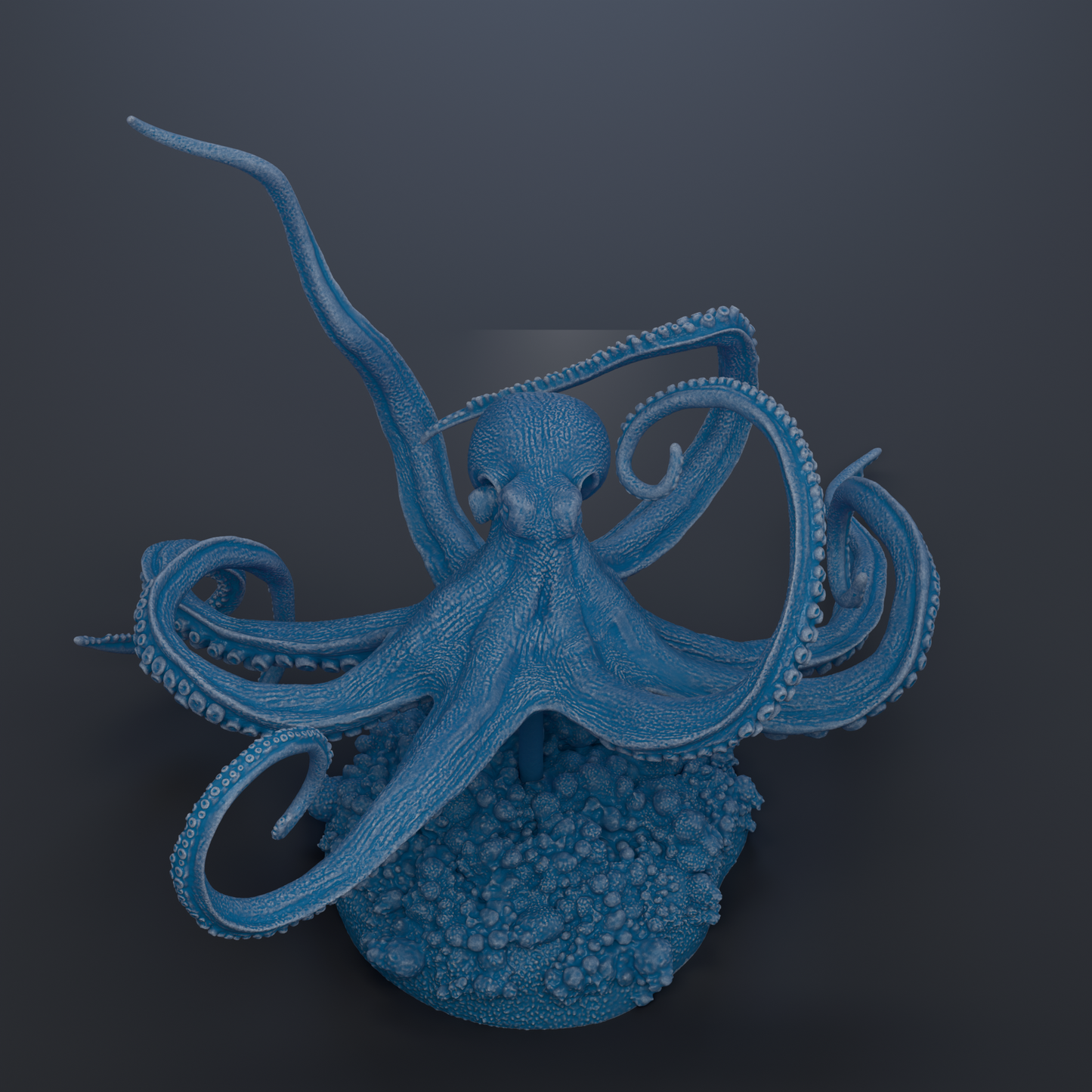 A 3D rendering of a blue octopus with its tentacles spread out, appearing to be in a relaxed or resting position.