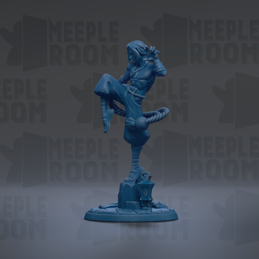 A blue figurine of a person standing on one leg, with a rope around their waist, against a dark background with repeated text.