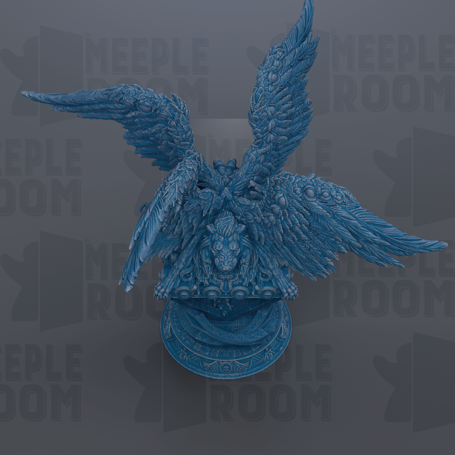 A detailed blue sculpture of a winged creature with intricate feathers and a lion's head, set against a dark background with repeated text.