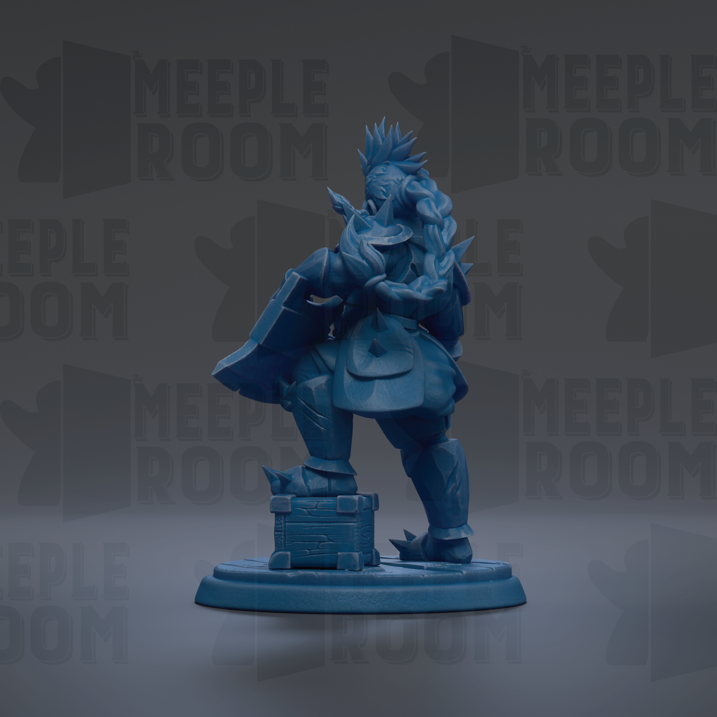 A blue figurine of a character with spiky hair and a sword, standing on a base with a chest.