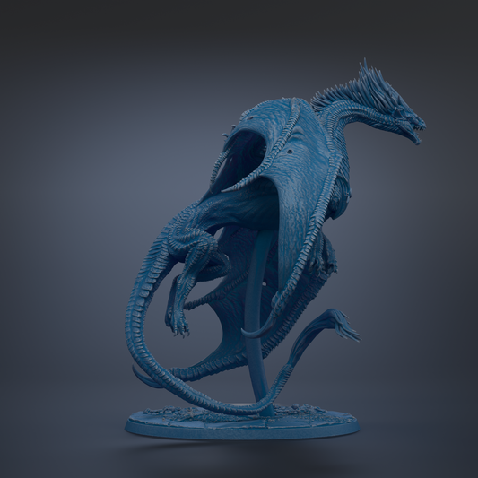 A detailed 3D rendering of a blue dragon-like creature with sharp teeth and a long, flowing tail.