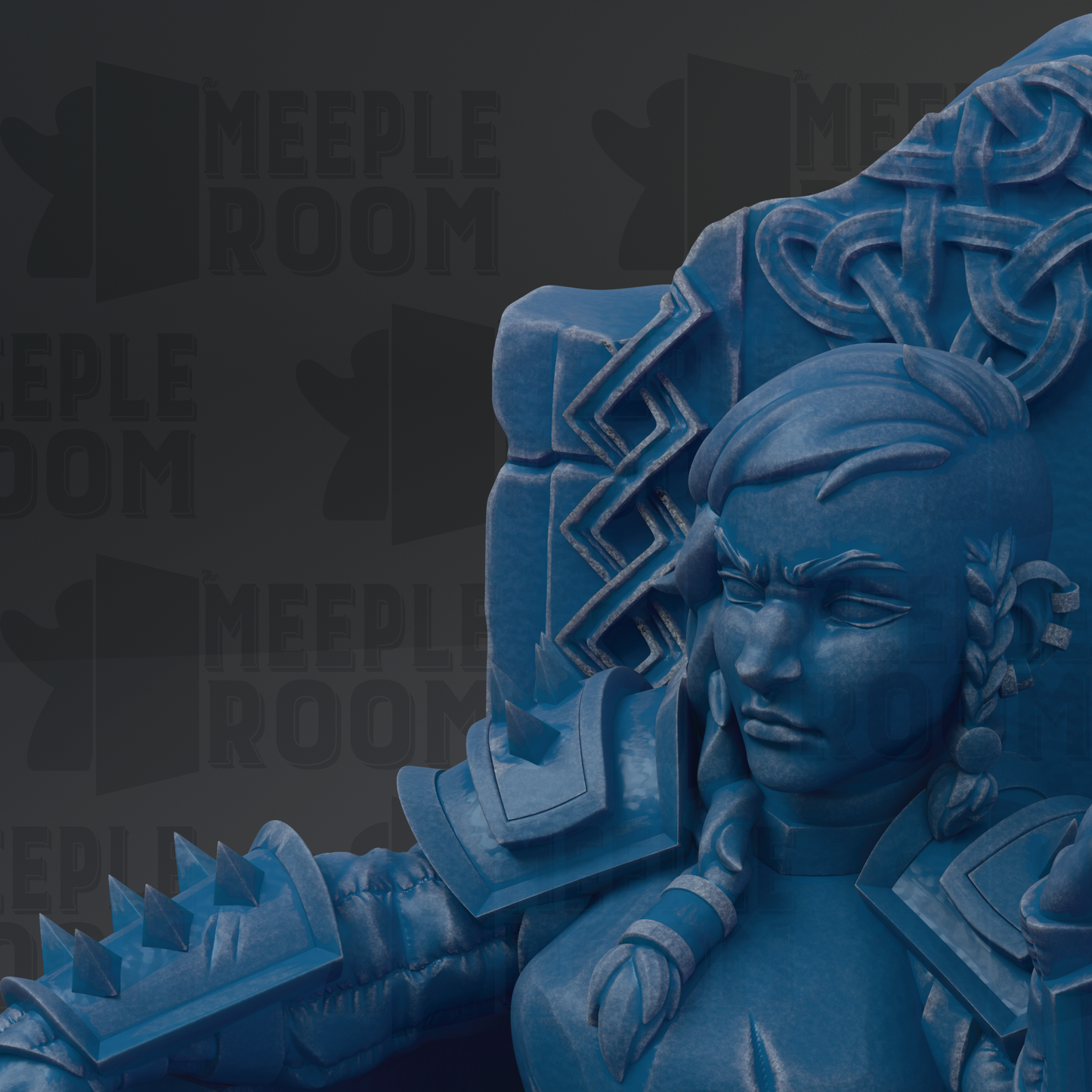 a blue statue of a woman with a serious expression, surrounded by intricate designs and patterns.