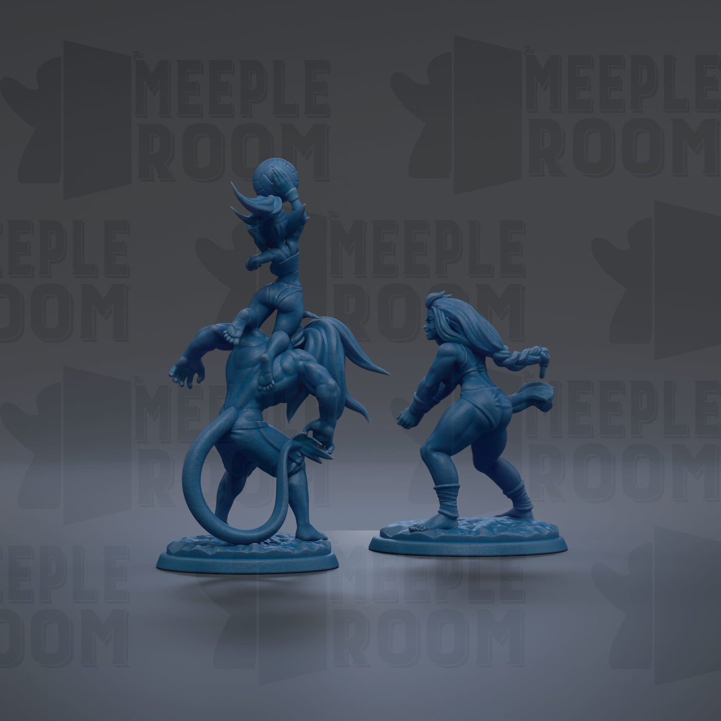 two blue figurines, one standing on its hind legs and the other standing on all fours, against a dark background with repeated text.