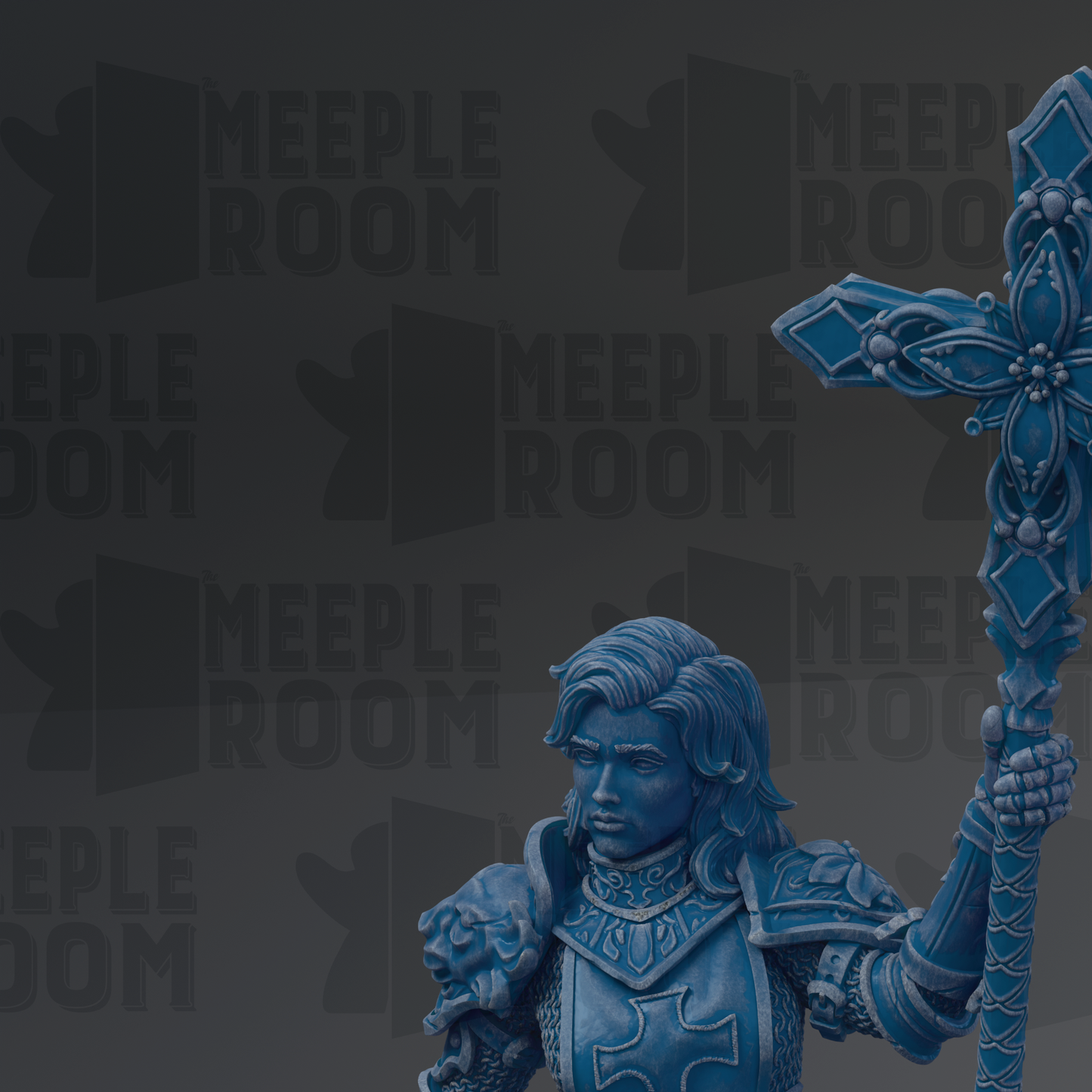 A blue statue of a knight holding a shield and sword, with the text "MEEPLE ROOM" repeated in the background.
