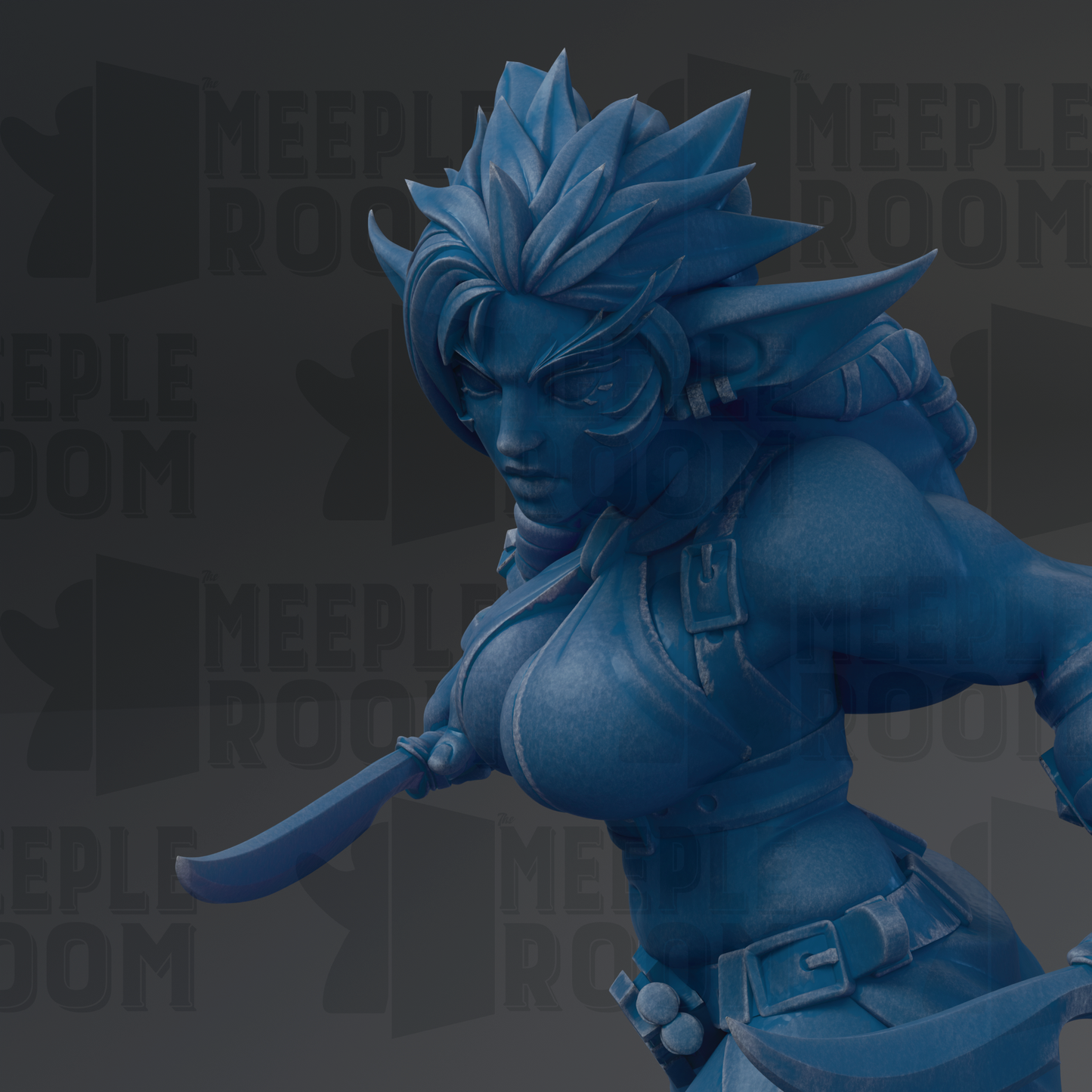 A close-up of a blue, stylized female character with a sword in her hand, set against a dark background with repeated text.