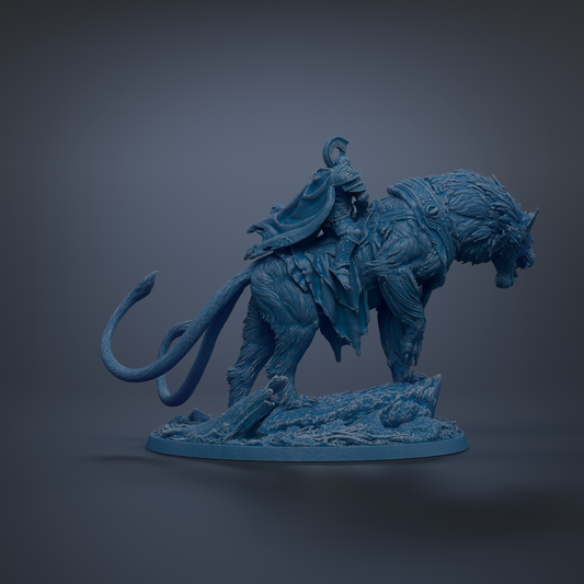 A blue, 3D-rendered statue of a fantastical creature, possibly a mythical or magical being, with a human-like figure riding on its back.