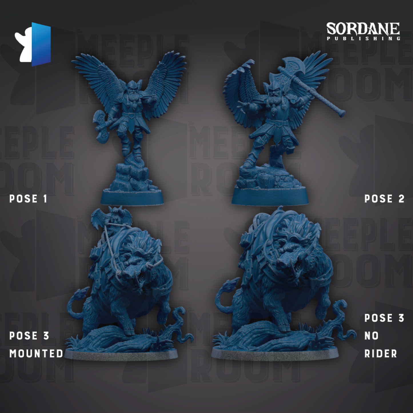 four blue figurines, each depicting a different pose of a winged warrior or a mounted beast. The figurines are arranged in a grid-like pattern, with each pose labeled as "Pose 1", "Pose 2", "Pose 3", and "Pose 4". The background of the image is dark, providing a stark contrast to the figurines and making them stand out prominently.