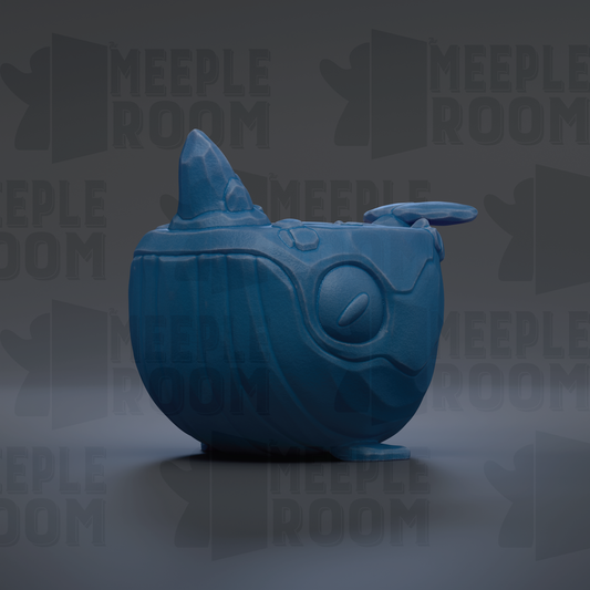 A blue, 3D-rendered whale figurine is shown against a dark background with repeated text.