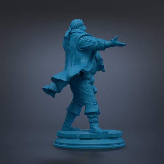 A blue statue of a person standing on a pedestal, with their arms outstretched.