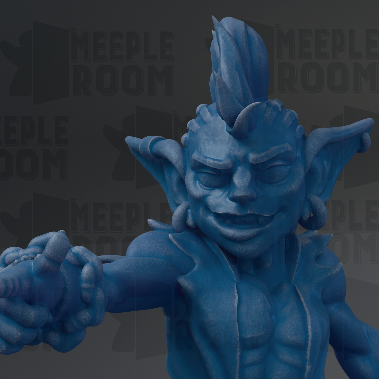 A close-up of a blue, fantastical creature with a large head and sharp teeth, set against a dark background with repeated text.