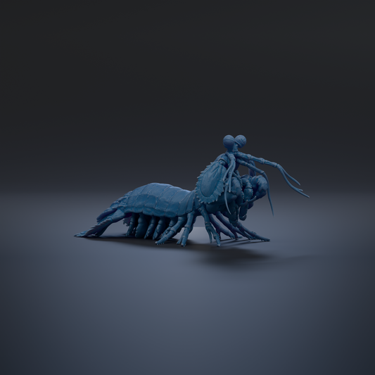 A 3D rendering of a blue mantis-like insect with a long, slender body and multiple legs, standing on a dark surface.
