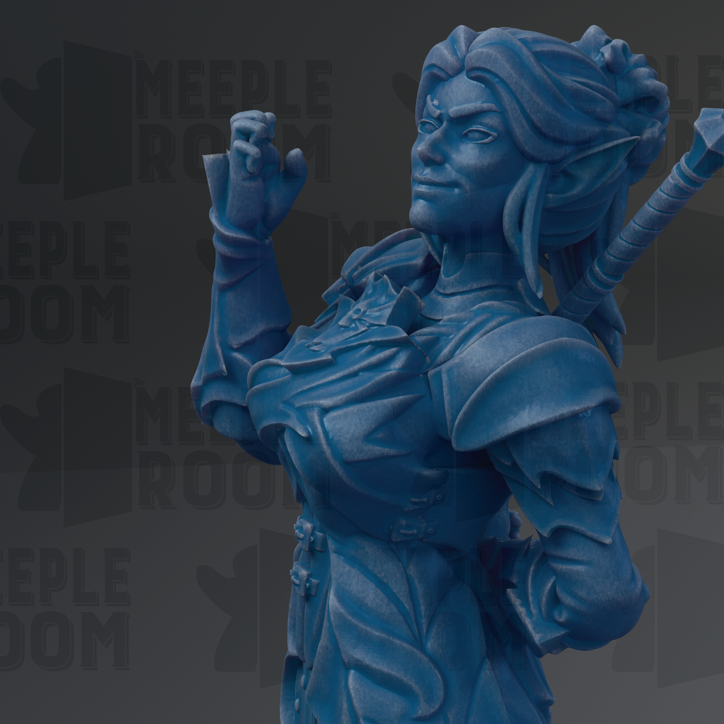 A blue statue of a woman with a sword, standing in a fighting stance.