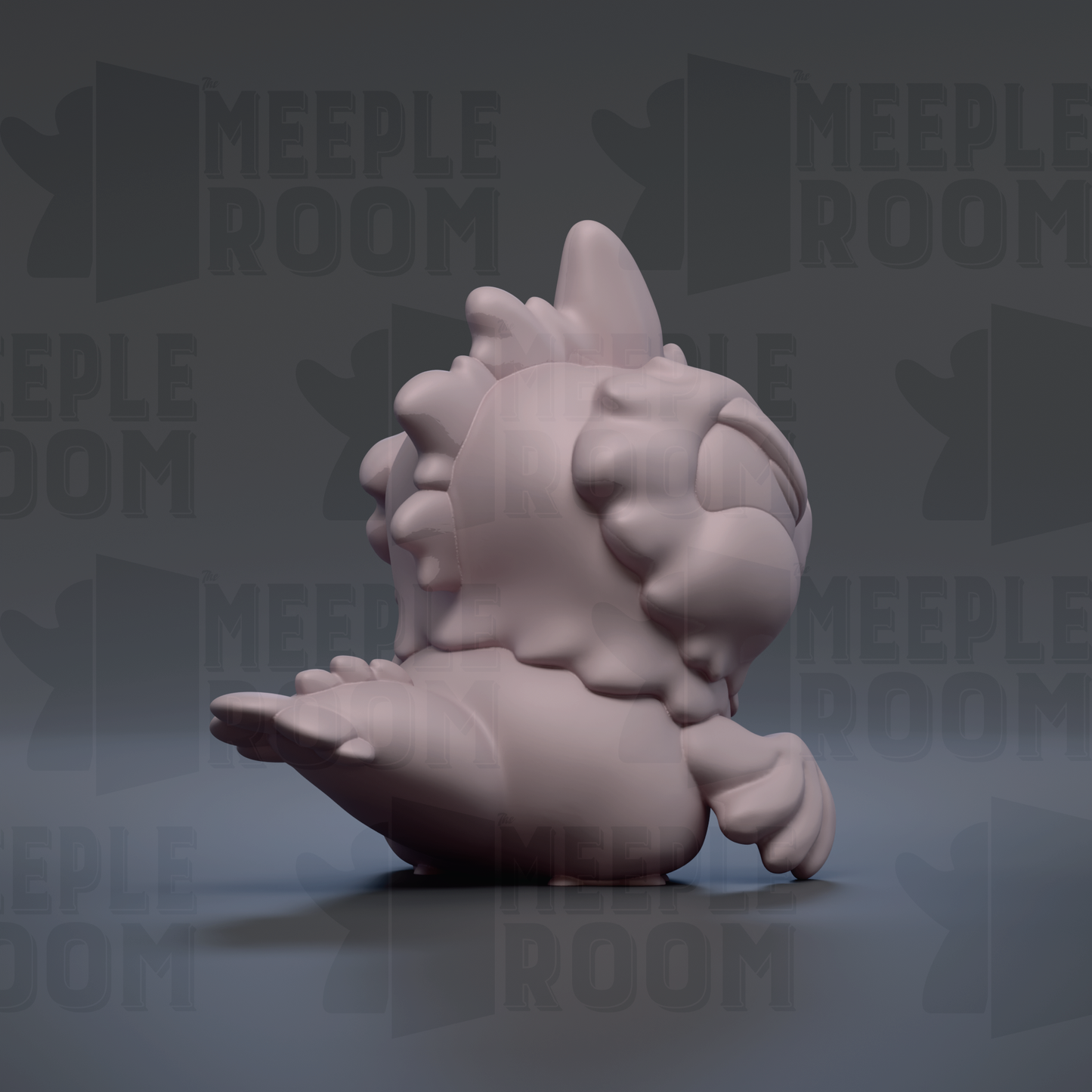 A 3D rendering of a small, light pink, cartoon-like creature with a large head and a long, curved tail.