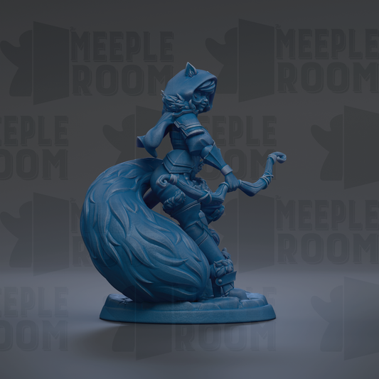 A blue figurine of a person holding a bow and arrow, standing on a base.