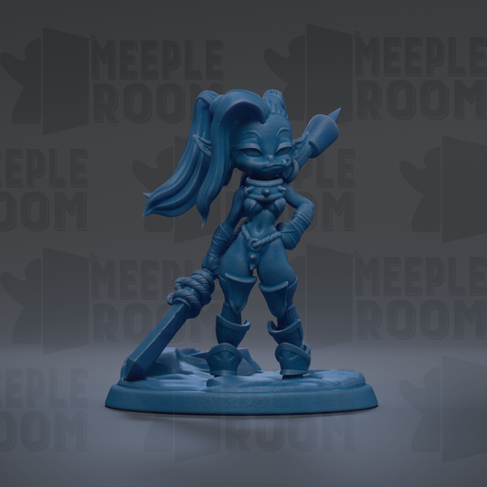 A blue figurine of a female character with a sword and shield, standing on a base.