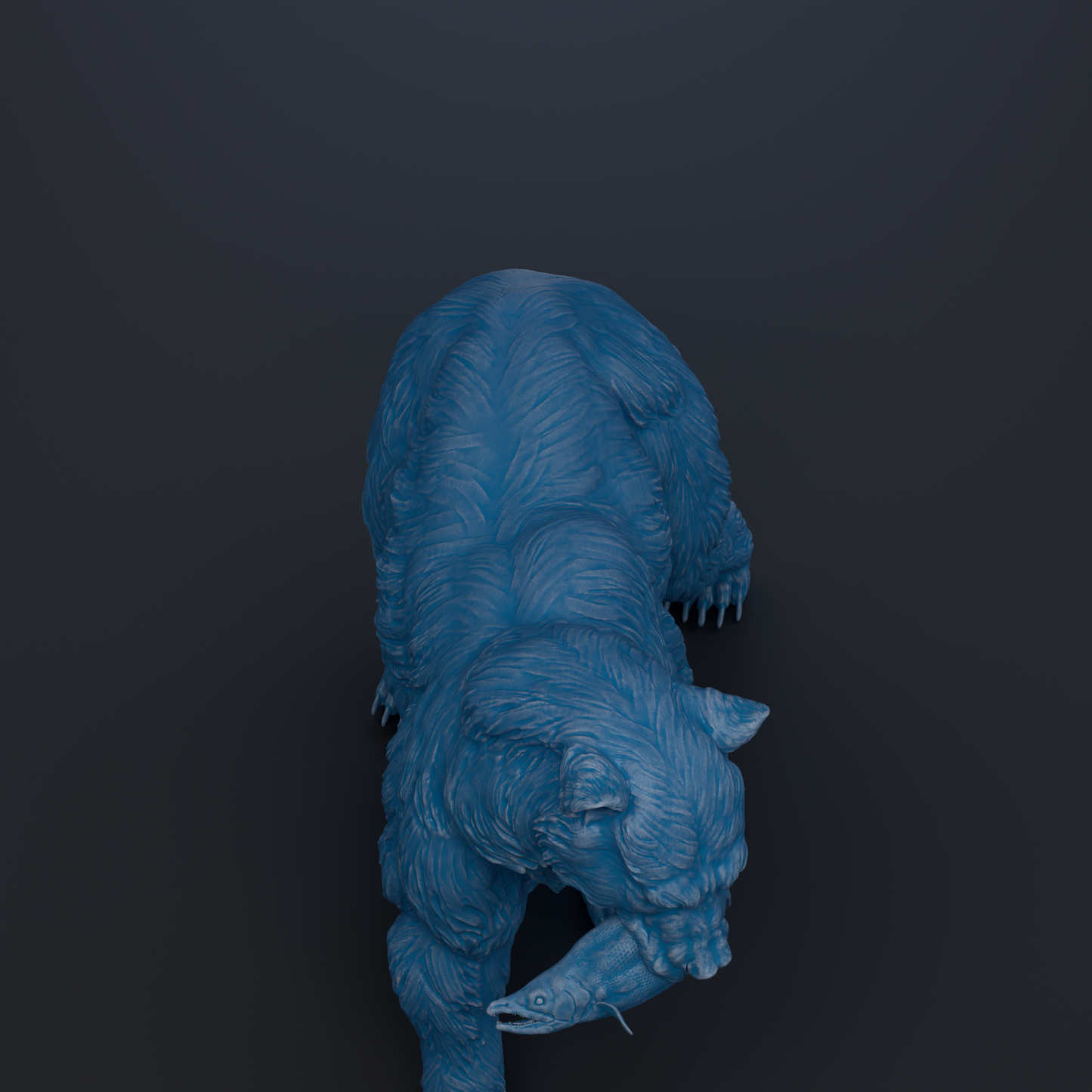 A blue bear statue is shown in a dynamic pose, holding a fish in its mouth.