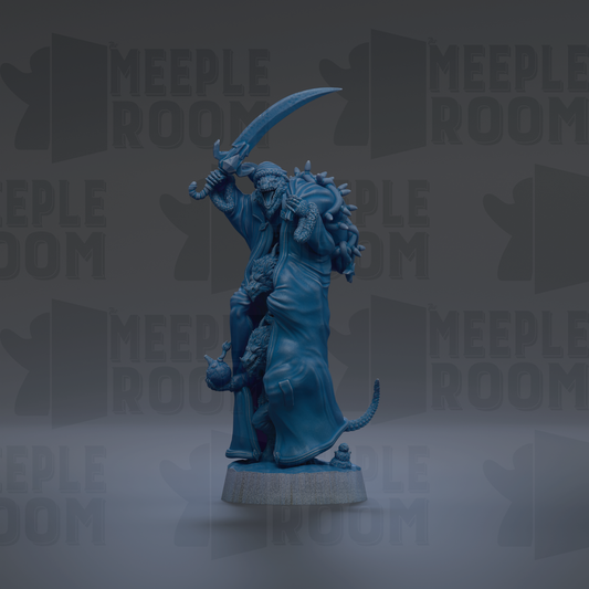 A blue figurine of a person holding a sword and a bag, standing on a pedestal.