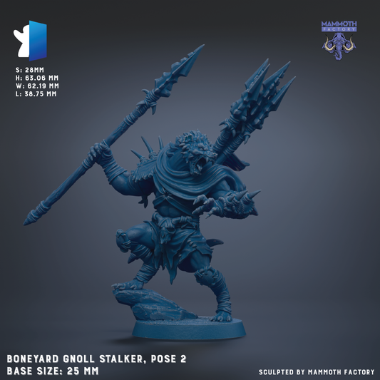 a blue, armored gnoll stalker figure posed with a spear, standing on a rock. The base size of the figure is 25mm.