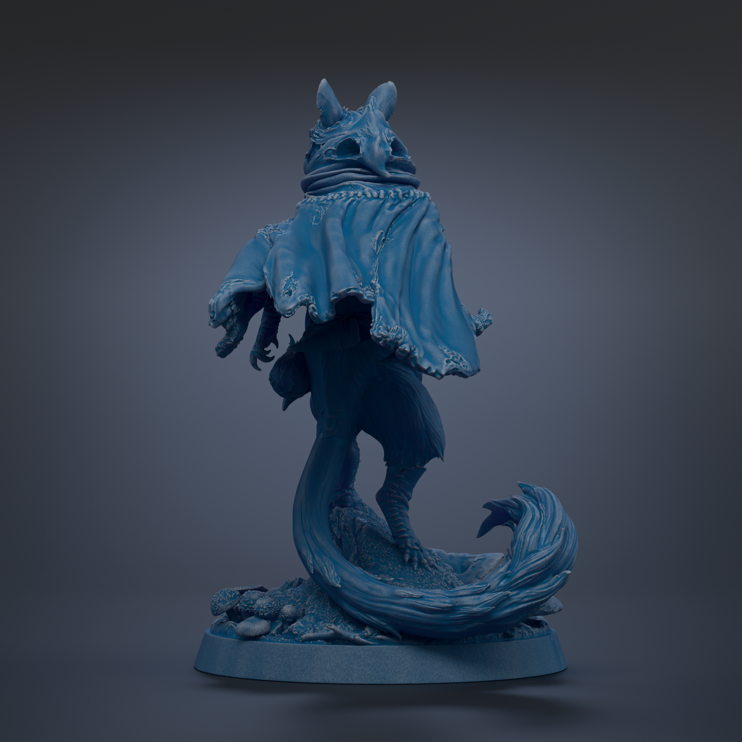 A blue, fantastical creature with a large head and tail, standing on a rock formation and wearing a cape-like garment.