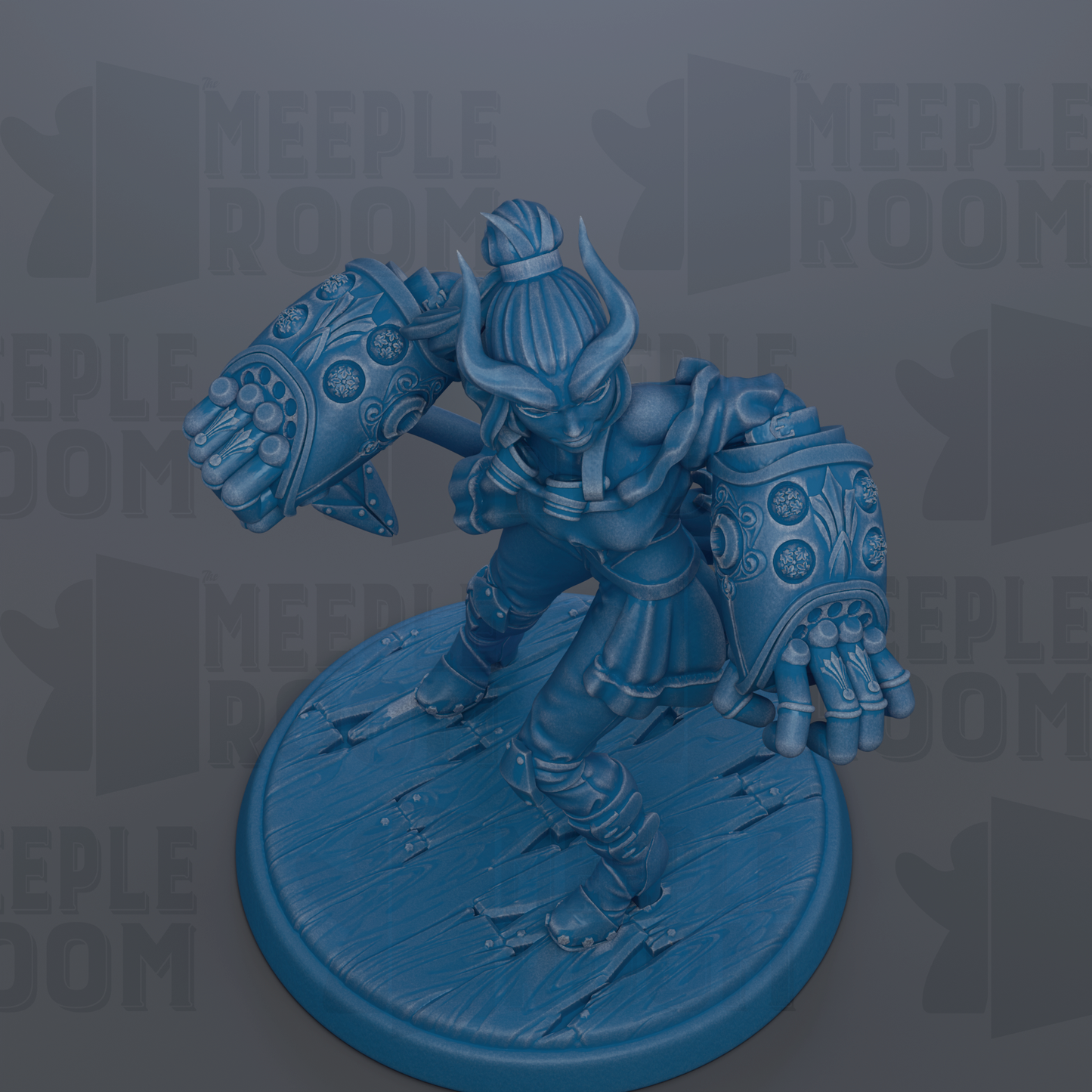 A blue figurine of a warrior-like character with horns and a flowing skirt, standing on a wooden base.