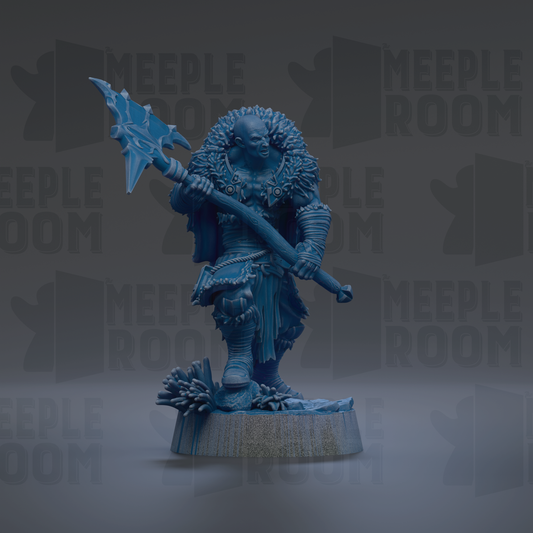 A blue figurine of a warrior figure holding a spear and standing on a platform.