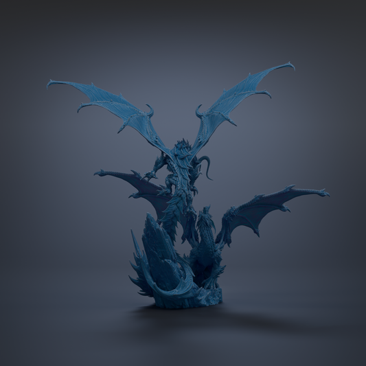 A 3D rendering of a blue dragon-like creature with wings and sharp teeth, standing on a rock formation against a dark background.