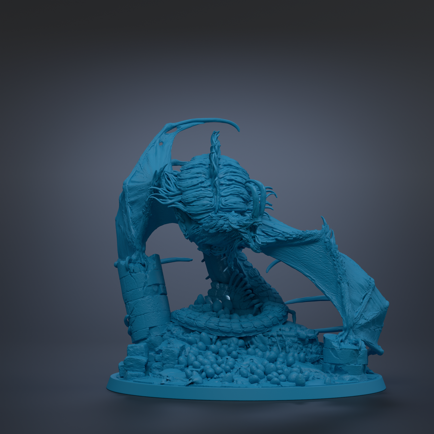 a blue sculpture of a dragon on a gray background