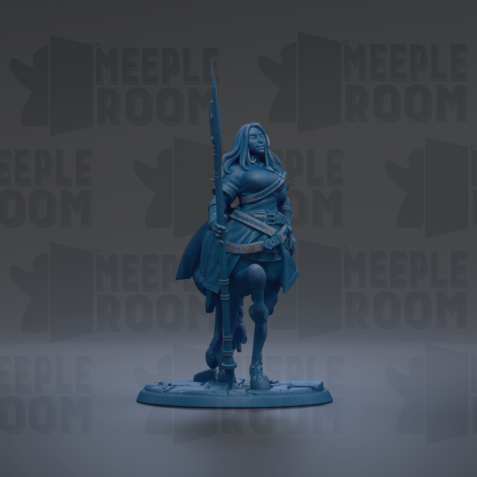 A blue figurine of a woman holding a sword stands against a dark background with repeated "MEUPLE ROOM" text.
