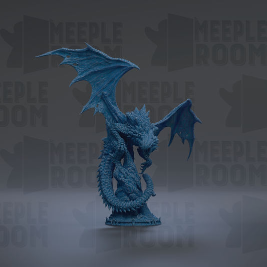 A blue dragon statue with wings spread, standing on a gray surface against a dark background with repeated text.