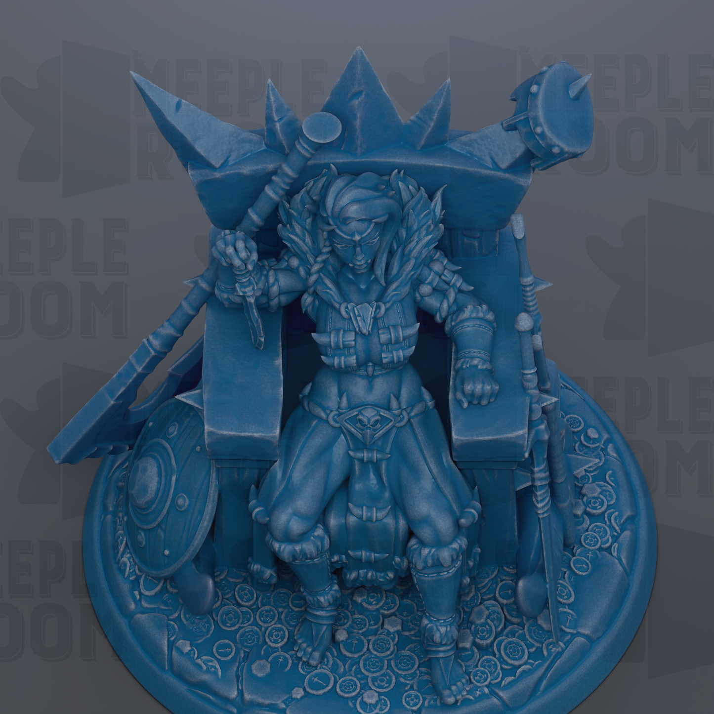 A detailed 3D rendering of a warrior figure seated on a throne, surrounded by various weapons and armor.