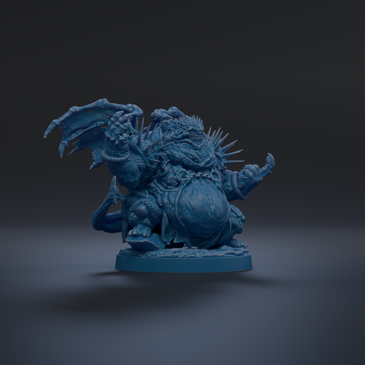 A 3D rendering of a blue, fantastical creature with sharp teeth and claws, standing on a base and appearing to be in a fighting stance.