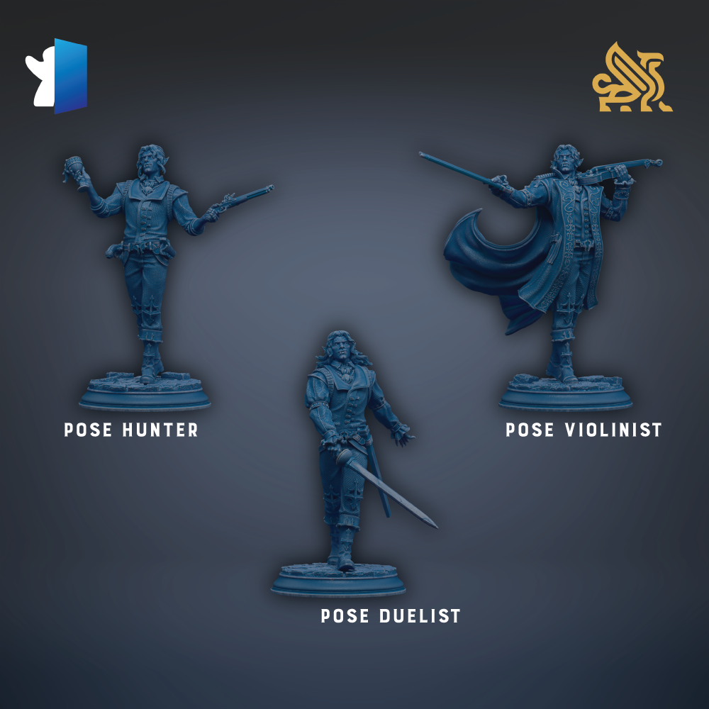 three figurines of characters, each with different poses and weapons, arranged in a row against a dark background.