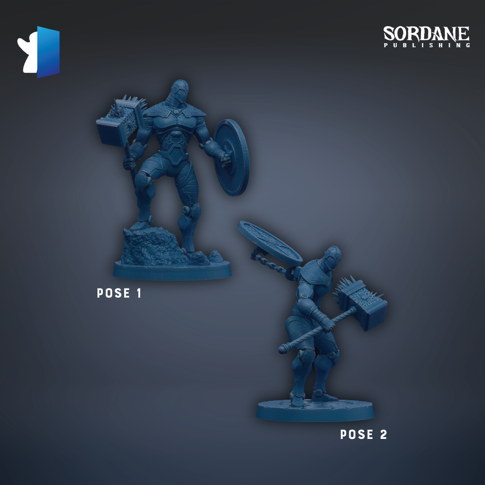 two blue figurines, each holding a shield and a sword, set against a dark background.