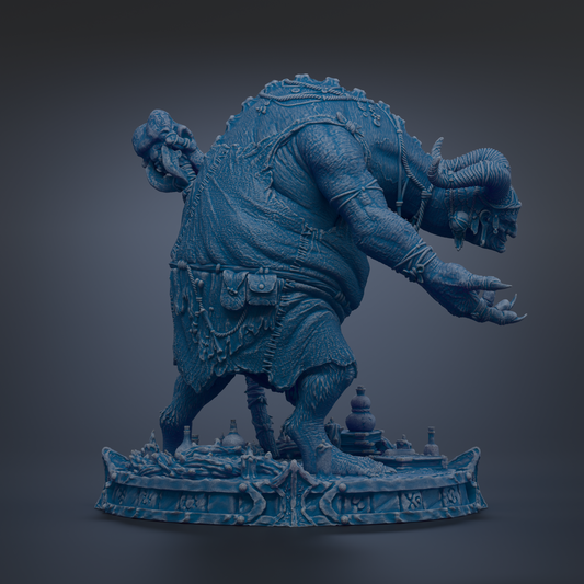 A detailed 3D rendering of a fantastical creature, possibly a mythical or magical being, with intricate textures and patterns. The creature appears to be a large, imposing figure with a long neck, curved horns, and a muscular build. It is standing on a platform or base, which is adorned with various objects and symbols, adding to the overall visual complexity of the scene.