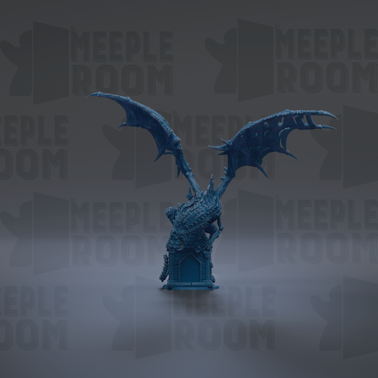 A blue dragon statue with wings spread, standing on a pedestal against a dark background with repeated text.