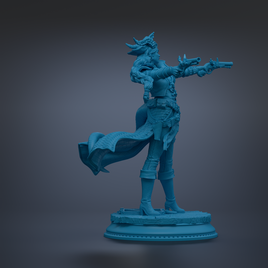 A 3D model of a female character in a pirate-inspired outfit, holding a gun and standing on a pedestal.
