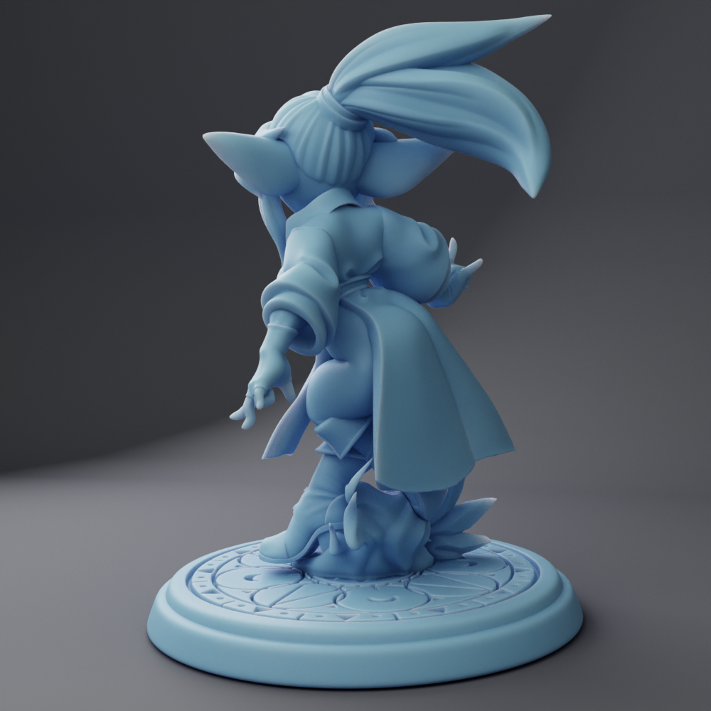A 3D rendering of a blue-colored statue of a character with a large head and a long tail, standing on a circular base.